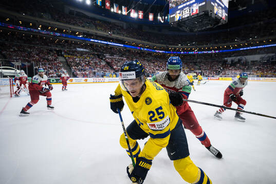 Jonas Brodin of Sweden and Pavel Zacha of Czech Republic