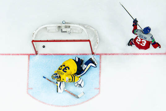 Lukas Sedlak of Czech Republic scores the 7-3 goal behind