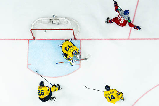 Goaltender Samuel Ersson, Rasmus Dahlin and Joel Eriksson