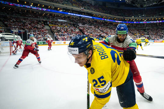 Pavel Zacha of Czech Republic and Jonas Brodin of Sweden