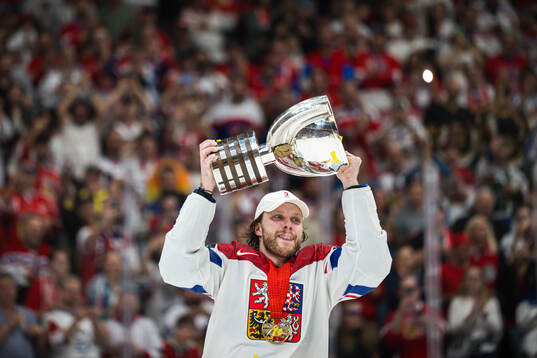 David Pastrnak of Czech Republic celebrates with trophy