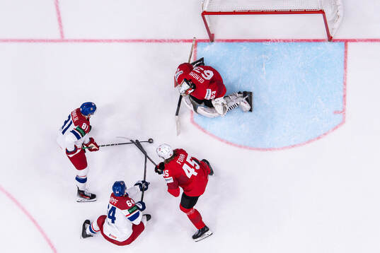 Michael Fora and goaltender Leonardo Genoni of Switzerland