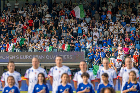 Spectators in the stands ahead of the UEFA Women's Euro Qualifier football match between Italy and Norway on June 4, 2024 in Ferrara. 