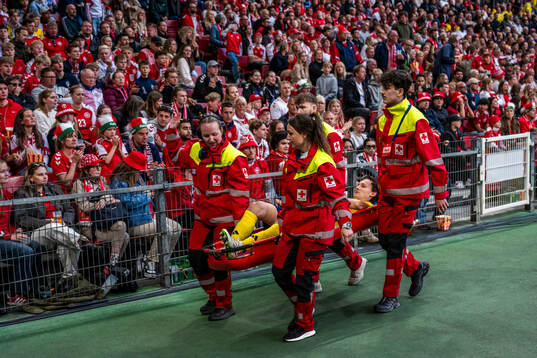 Hjalmar Ekdal of Sweden is carried of the pitch