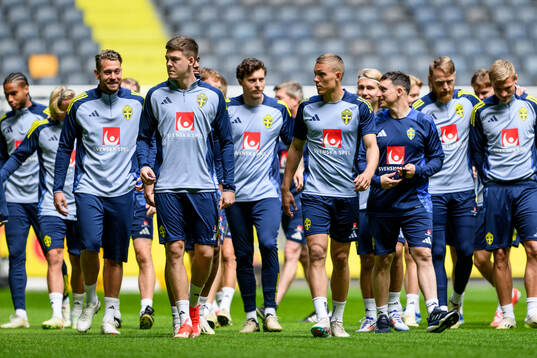 goalkeeper Kristoffer Nordfeldt, Emil Holm, Victor Nilsson Lindelöf and Ludwig Augustinsson of the Swedish men's national football team at a training session