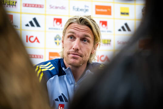 Emil Forsberg of the Swedish men's national football team in the mixed zone