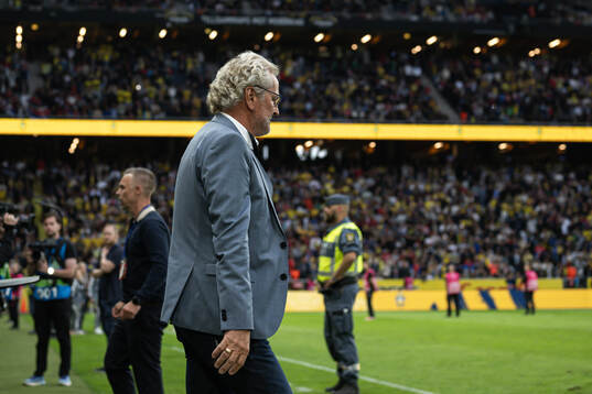 Erik Hamrén, former coach of team Sweden, eneters the pitch at a ceremony to honor the career of Zlatan Ibrahimovic
