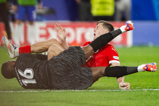 Christoph Baumgartner of Austria and goalkeeper Mike Maignan of France