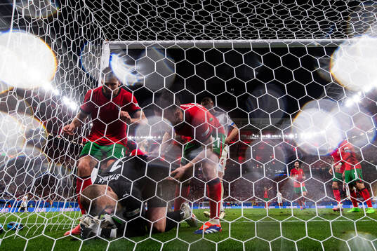 Goalkeeper Jindfich Stanek of Czech Republic fights with Ruben Dias and Diogo Jota of Portugal after later disallowed 2-1-goal
