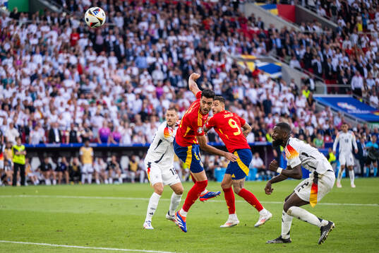Antonio Rüdiger of Germany sees Mikel Merino of Spain scores 2-1
