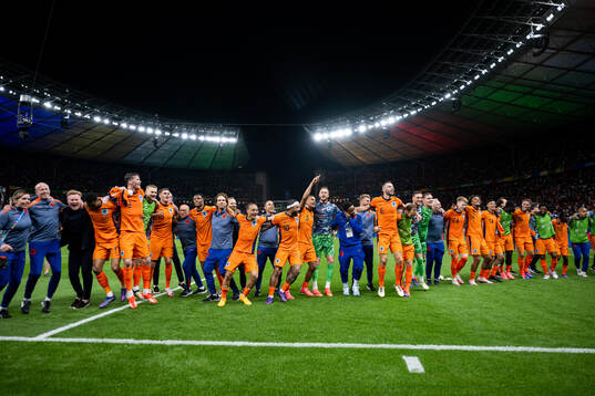 Players of Netherlands celebrate after the UEFA Euro 2024 Football Championship quarterfinal between Netherlands and Turkey on July 6, 2024 in Berlin. 
