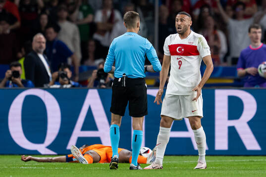 Cenk Tosun of Turkey reacts during the UEFA Euro 2024 Football Championship quarterfinal between Netherlands and Turkey on July 6, 2024 in Berlin. 
