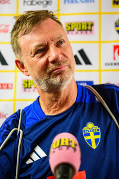 Head coach Peter Gerhardsson of the Swedish women's national football team is interviewed by the media at a press meeting