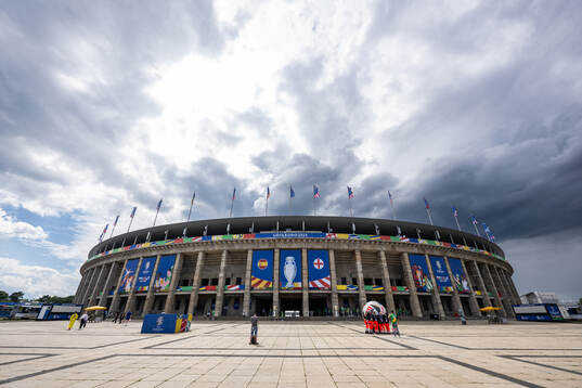 General exterior view of Olympiastadion ahead of the UEFA Euro 2024 Football Championship final between Spain and England on July 14, 2024 in Berlin. 