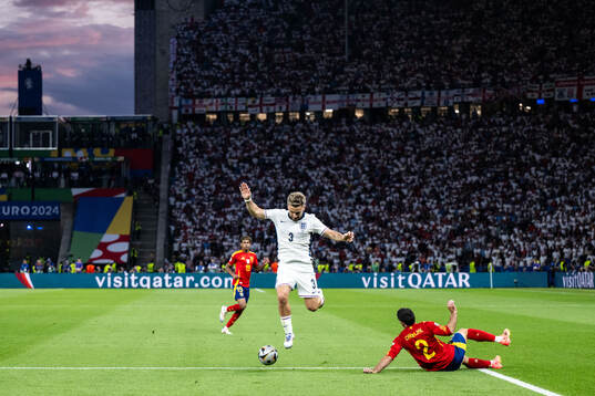 Luke Shaw of England and Daniel Carvajal of Spain