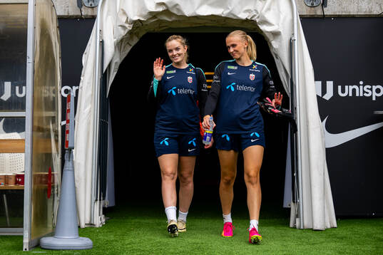 Goalkeeper Guro Pettersen and goalkeeper Selma Panengstuen of the Norwegian women's national football team ahead of a training session on July 15, 2024 in Bergen. 