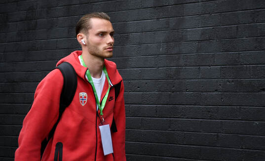 Martin Borsheim of Norway arrives before the UEFA European Under-19 Championship group stage football match between Northern Ireland and Norway on July 21, 2024 in Belfast. 
