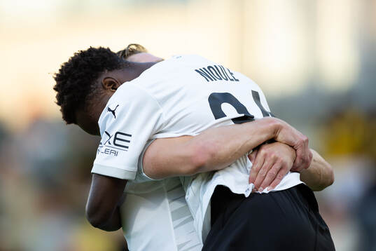 Severin Nioule of Häcken celebrates with +Adam Lundqvist after scoring 5-1