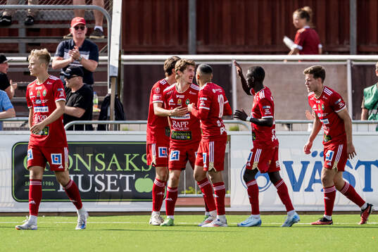 Skövde AIKs Hugo Engström jublar med lagkamrater