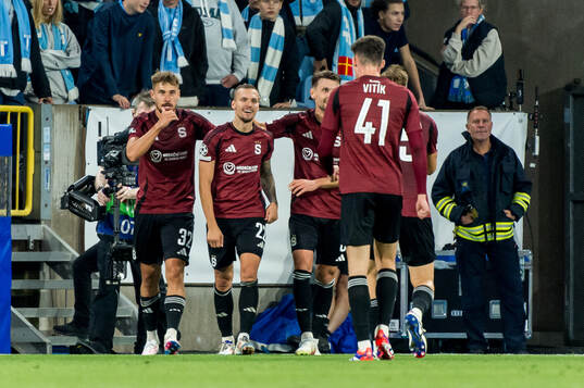 Lukas Haraslin of Sparta Prag celebrate with teammates after the 1-0 goal
