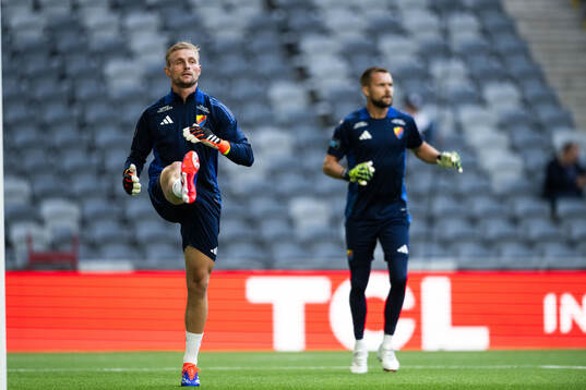 Goalkeeper Jacob Rinne and goalkeeper Max Croon of Djurgården ahead of the UEFA Conference League play-off match between Djurgården and NK Maribor on August 22, 2024 in Stockholm. 
