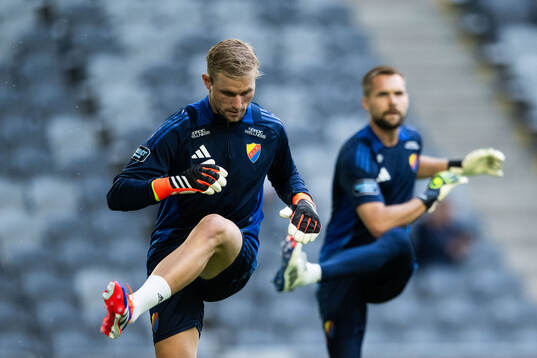 Goalkeeper Jacob Rinne and goalkeeper Max Croon of Djurgården ahead of the UEFA Conference League play-off match between Djurgården and NK Maribor on August 22, 2024 in Stockholm. 