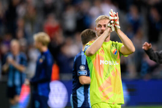 Goalkeeper Jacob Rinne of Djurgården celebrates