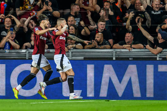 Veljko Birmancevic and Lukas Haraslin of Sparta Prag celebrate 1-0