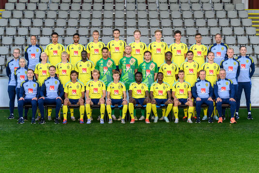 The Swedish under-21 national football team pose for a team photo on September 4, 2024 in Jönköping. Rear row from left, Doctor Fredrik Bergström, Jusef Erabi, Joakim Persson, Jesper Tolinsson, Noah Eile, Nils Zätterström, Casper Widell, Deniz Gül, Jonas Rouhi, women's under-23 coach Martin Qvarnmans Möller. Middle row from left, Media officer David Gerd, kit manager Marita Emilsson Käll, Otto Rosengren, Melker Widell, Imam Jagne, goalkeeper Oliver Dovin, goalkeeper Noel Törnqvist, goalkeeper Elis Bishesari, Richie Omorowa, Aimar Sher, Jacob Ondrejka, goalkeeper coach Linus Kandolin, naprapath Janne Skjöld. Front row from left, Physio Rickard Engström, coach Daniel Bäckström, Matteo Perez Vinlöf, Daniel Svensson, Hugo Bolin, Zeidane Inoussa, Josafat Mendes, Samuel Dahl, assistant coach Viktor Eriksson, team coordinator Mika Sankala. EDITORS NOTE: 