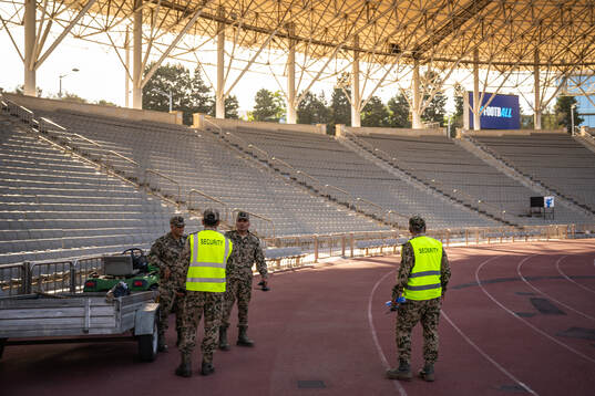 Members of the military inside of Tofiq Bahramov ahead of the Nations League football match between Azerbaijan and Sweden on September 5, 2024 in Baku. 