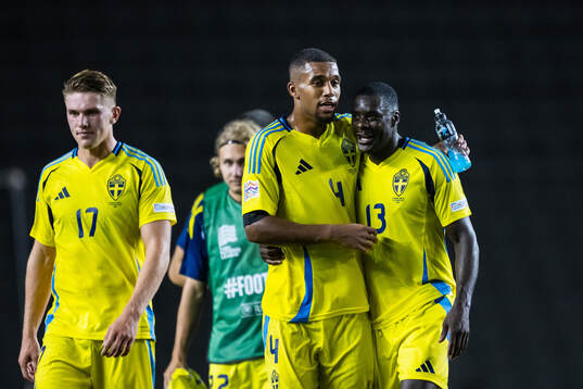 Viktor Gyökeres, Isak Hien and Ken Sema of Sweden celebrate