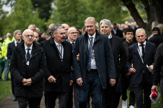 Portuguese football coach Antonio Jose Conceicao Oliveira, former assistant to Eriksson at Benfica, Glenn Strömberg, Thomas Wernerson and Kjell Pettersson after the funeral of Sven-Göran Eriksson on September 13, 2024 in Torsby. 
