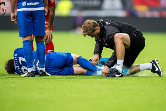 Jakob Maslø Dunsby of Sandefjord with an injury