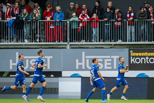 Loris Mettler of Sandefjord celebrates after scoring the 2-1 goal
