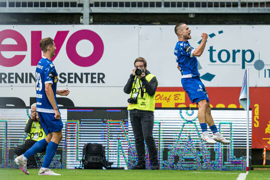 Loris Mettler of Sandefjord celebrates after scoring the 2-1 goal