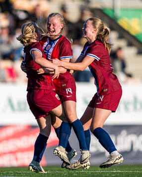 Sofia Eugenie Mendelin-Norebø of Norway celebrates after scoring the 2-1 goal during the under 15 friendly match between Norway and Sweden on September 17, 2024 in Jessheim.
