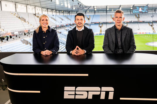 Jessica Almenäs, Behrang Safari and Pontus Wernbloom in the broadcaster ESPN studio ahead of the UEFA Europa League football match between Malmö FF and Rangers on September 26, 2024 in Malmö. 