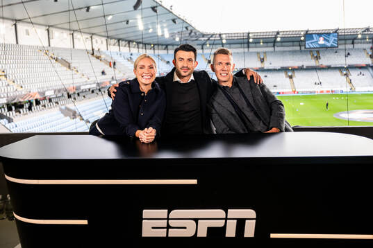 Jessica Almenäs, Behrang Safari and Pontus Wernbloom in the broadcaster ESPN studio ahead of the UEFA Europa League football match between Malmö FF and Rangers on September 26, 2024 in Malmö. 