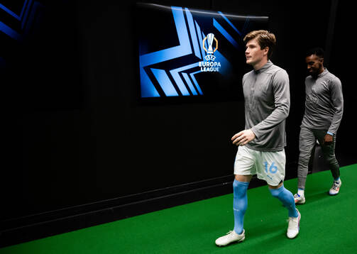 Oliver Berg and Taha Ali of Malmö FF ahead of the UEFA Europa League football match between Malmö FF and Rangers on September 26, 2024 in Malmö. 