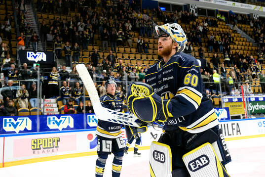 HV71s målvakt Hugo Alnefelt jublar med publiken