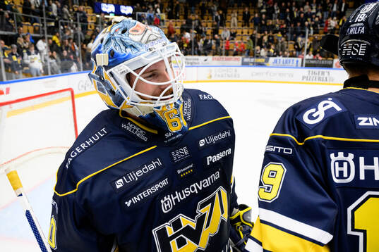 HV71s målvakt Hugo Alnefelt jublar