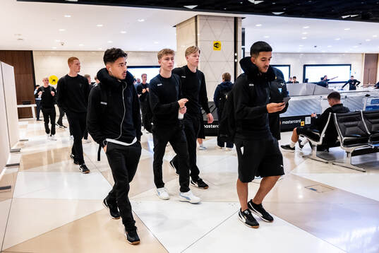 Adrian Skogmar, Hugo Bolin, Nils Zätterström and Zakaria Loukili of Malmö FF arrives in Baku