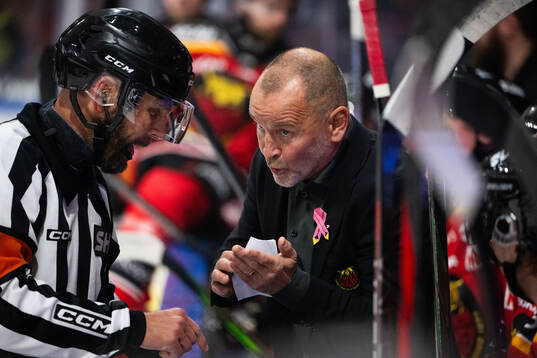 Domare Marcus Linde och Luleås tränare Thomas Berglund i
