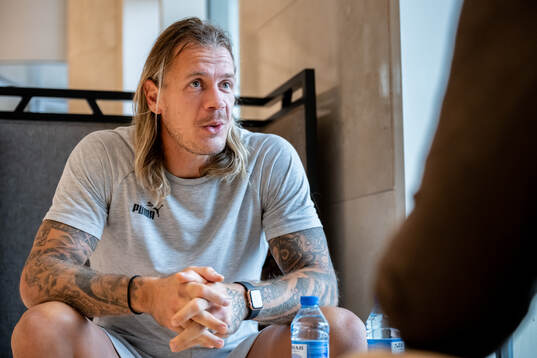 Goalkeeper Johan Dahlin of Malmö FF is being interviewed during a press meet ahead of the UEFA Europa League match between Qarabag and Malmö FF on October 2, 2024 in Baku. 
