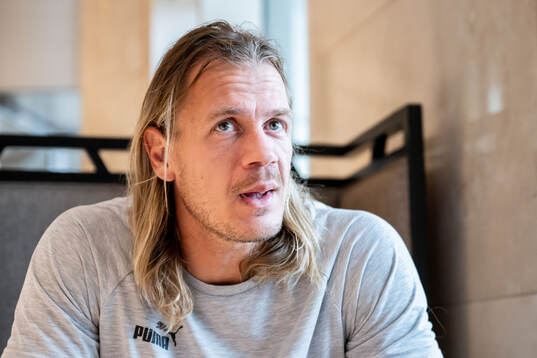 Goalkeeper Johan Dahlin of Malmö FF is being interviewed