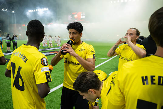 Ahmed Qasem and Niklas Hult of Elfsborg ahead of the UEFA Europa League between Elfsborg and Roma on October 3, 2024 in Borås. 