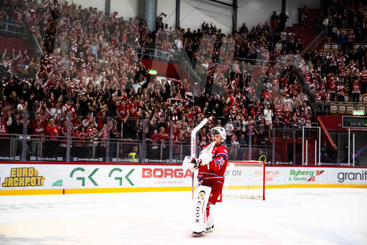 Timrås målvakt Jacob Johansson jublar