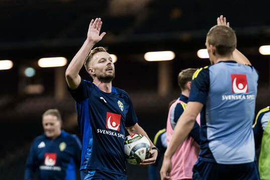 Assistant coach Sebastian Larsson and Ludwig Augustinsson of the Swedish men's football national team at a training session