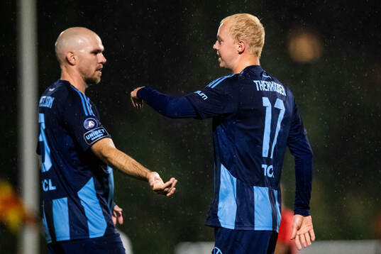 Djurgårdens Peter Therkildsen jublar med Marcus Danielson