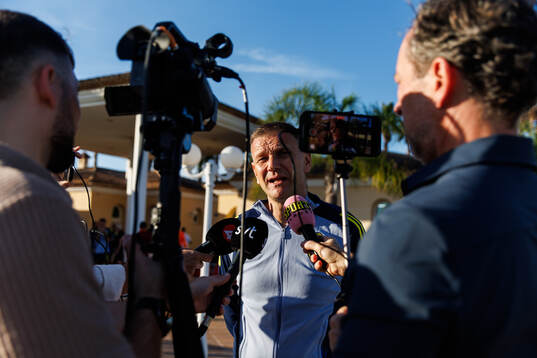Head coach Andreas Pettersson of Sweden speaks to media